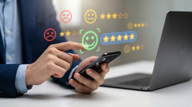 Digital customer feedback and service evaluation concept showing interactive 5-star rating, user sentiment analysis, and satisfaction level tracking. Ideal for CRM applications, consumer review platfo