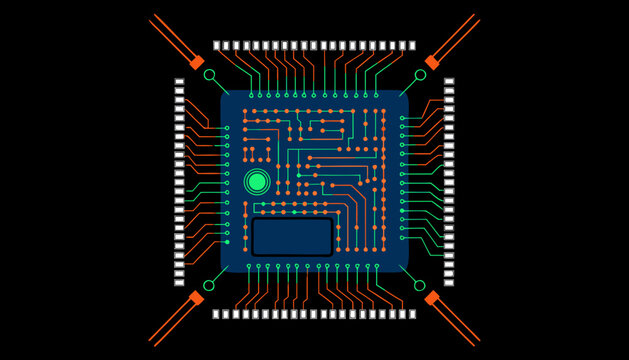 Advanced microprocessor CPU chip with glowing circuit pathways, hardware and computer technology background
