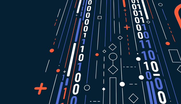 Digital binary code background with flowing numbers and geometric symbols, data analytics and technology concept