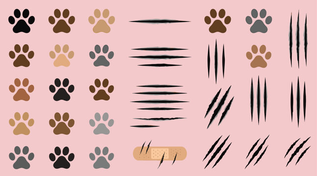 Cute animal paw prints collection with realistic sharp wild cat claw marks and medical band aid plaster graphic vector illustration