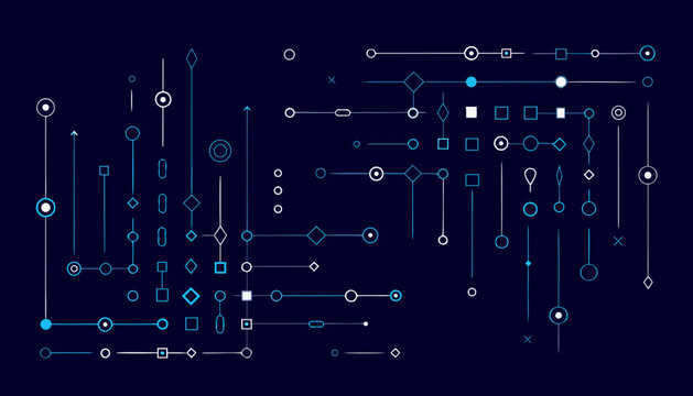 Abstract digital technology background with flowing lines and geometric symbols, data analytics and networking concept