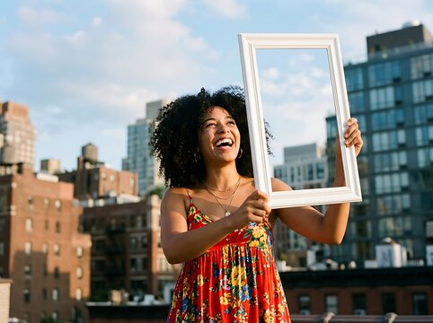 A joyful woman holding a white frame against a cityscape with buildings under a bright sky