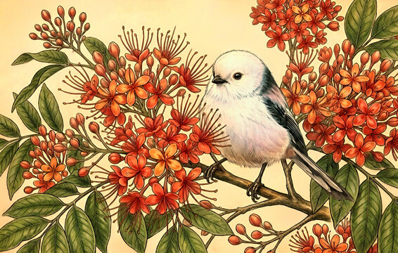 Three Holy Trees: Saraca asoca flower and Long-tailed tit,botanical illustration of a sacred tree, symbol of happiness and love, antique style |
三大聖樹：アショカ(無憂樹)の花とシマエナガ、幸福と愛の象徴の植物画| アンティーク調ボタニカルアート
