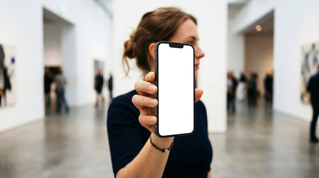 Hand holding mobile phone blank white screen mockup, female visitor in art gallery museum showing smart device display for interactive exhibition audio guide app tech template.
