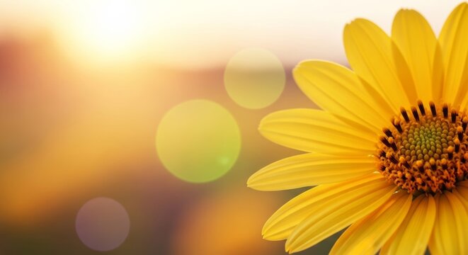 Panoramic shot of a brilliant yellow blossom with detailed pollen anthers in warm late summer afternoon light