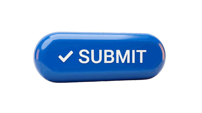 Vector illustration of blue glossy 3d submit button with check mark icon on a transparent background