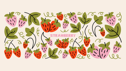 Strawberry clipart collection in retro cartoon style. Cute berry illustrations, leaves and botanical elements for stickers, packaging and scrapbook design © cutemole