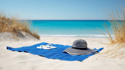 Obraz premium Blue Beach Towel with Sun Hat and Flip Flops on Sandy Coast, Peaceful Summer Vacation Background, Empty Seaside Relaxation Scene with Ocean View and Copy Space beach towel, sun hat