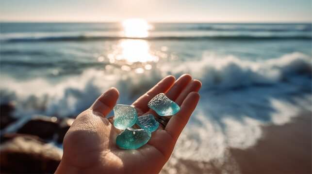 Hand holding turquoise sea glass against a bright ocean sunset. Frosted glass pieces with sun reflection on water. Coastal treasure and beachcombing hobby