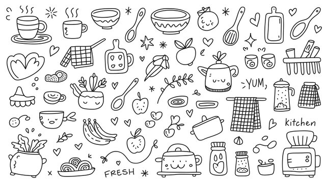 Kitchen utensils doodle set with cooking tools mugs bowls and fruit illustrations.