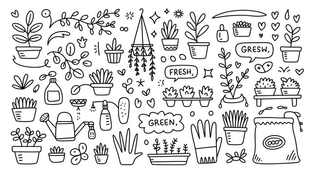 Plant care and gardening doodle collection with soil bag gloves and hanging pots.
