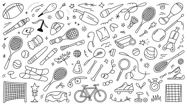 Sports doodle set, athletic equipment and elements, active lifestyle collection.