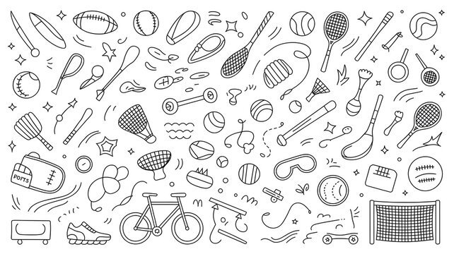 Sports doodle set, athletic equipment and elements, active lifestyle collection.