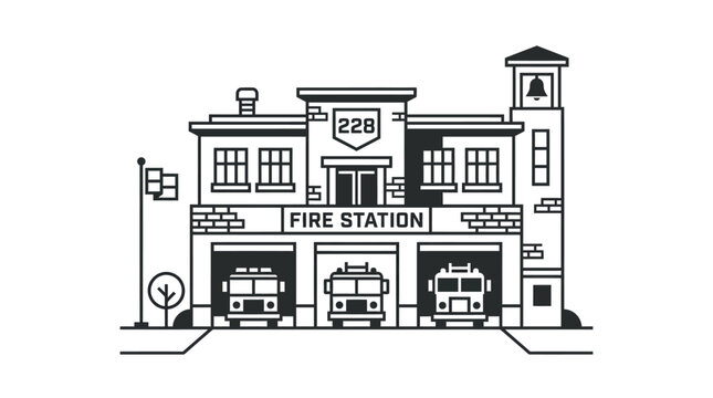 Fire Station Building with Trucks and Bell Tower - Vector Illustration
