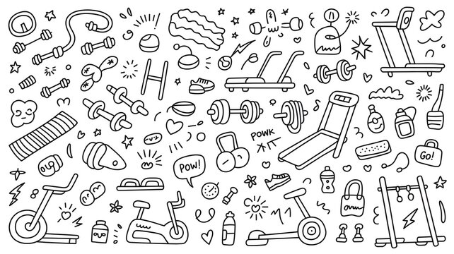 Doodle fitness and gym equipment collection on white background hand drawn icons.