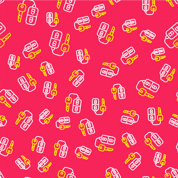 Line Car key with remote icon isolated seamless pattern on red background. Car key and alarm system. Vector