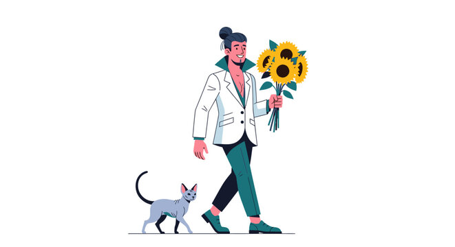 Woman walking cat holding sunflowers illustration.