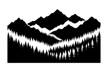 Fototapeta premium Black and White Mountain Landscape Silhouette with Pine Forest