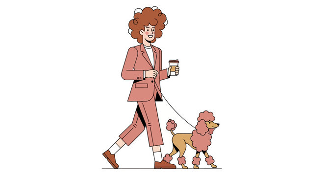 Woman walking her poodle while holding a coffee cup.