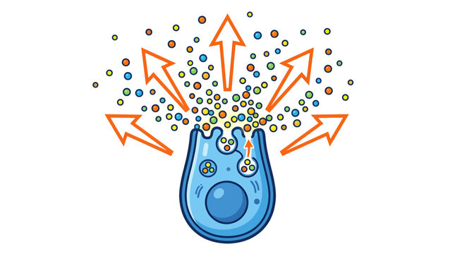 Cell releasing particles outward in a colorful burst, symbolizing communication or diffusion
