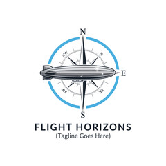 Vintage airship dirigible flying over a nautical compass rose logo with text Flight Horizons. © Frame
