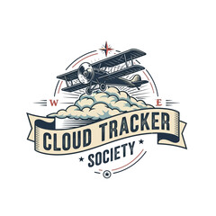 Vintage aviation logo for Cloud Tracker Society featuring a classic biplane soaring through the clouds. © Frame