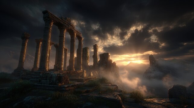 Lost civilization. Fantasy. A vivid portrayal of a grand, ancient temple complex bathed in the warm glow of the setting sun. The temple consists of tall.