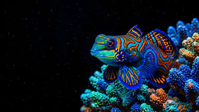Vibrant mandarin fish on bright blue coral reef with black background, macro underwater photography close-up