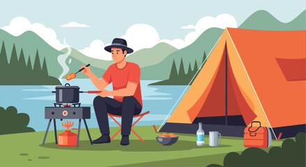 Fototapeta premium Vector illustration of a man in a hat cooking with a portable gas stove and pot near an orange tent at a scenic lakeside mountain campsite with pine trees and clouds in nature.