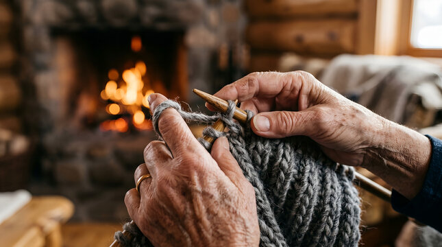 Close-up of an elderly person's hands knitting with grey wool by a warm, burning fireplace.