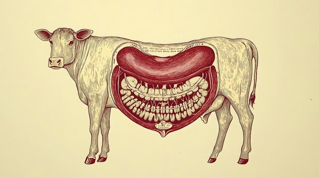 Illustrated Cow with Exposed Digestive System Anatomy in Line Art Style