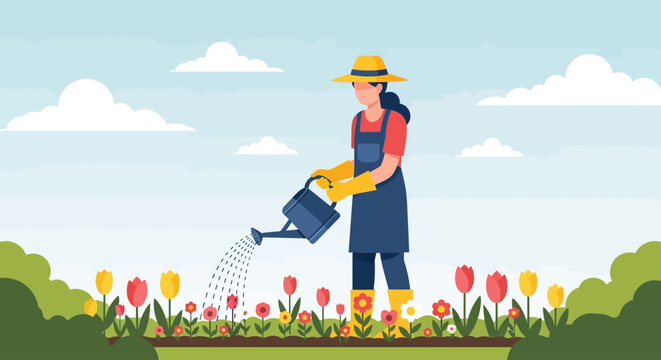Flat vector illustration of a female gardener wearing a hat and apron watering colorful tulips and spring flowers with a blue watering can in a sunny outdoor garden landscape.
