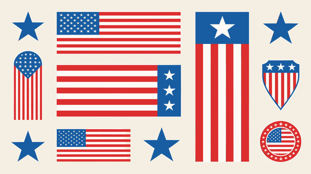 A collection of various American flag designs, patriotic emblems, and blue star illustrations.