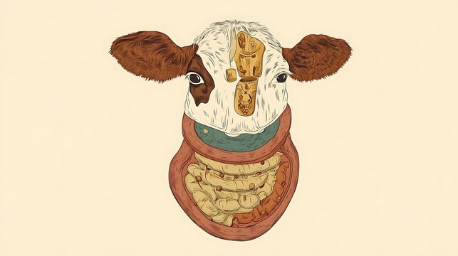 Illustrated Cow Digestive System Anatomy Cross-Section in Watercolor Style