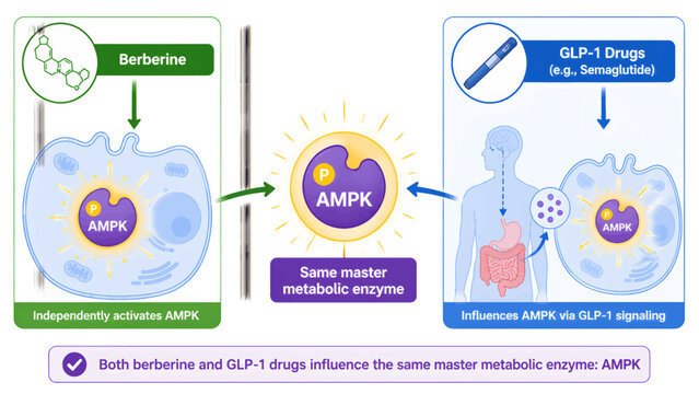 Berberine and GLP-1 drugs activate AMPK, a key metabolic enzyme, for health benefits.