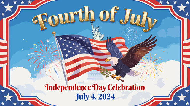 A vibrant Fourth of July Independence Day celebration featuring an American flag, an eagle, fireworks, and the Statue of Liberty.