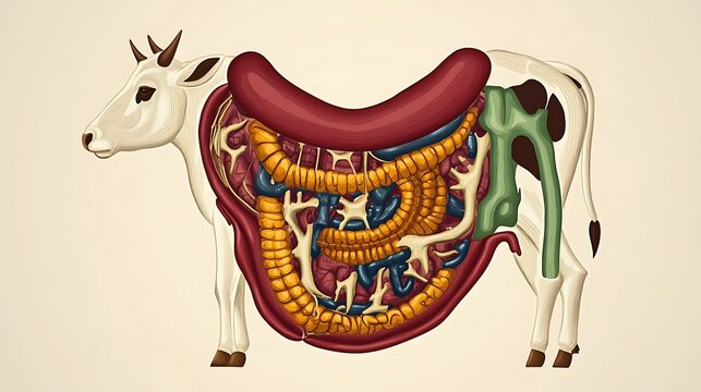 Illustrated cow digestive system anatomy diagram in traditional colorful folk art style