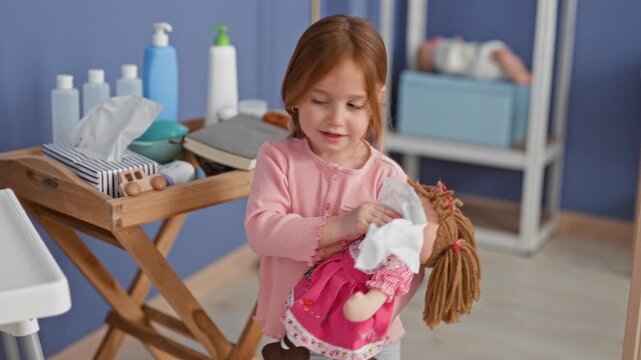Little girl gently wipes doll face with a tissue at a wooden changing table next to baby bottles and wipes in building; tenderness care.