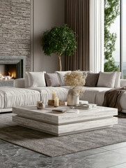 Obraz premium Modern living room with marble coffee table, neutral sofa, large window, indoor plant, cozy fireplace, and soft natural light