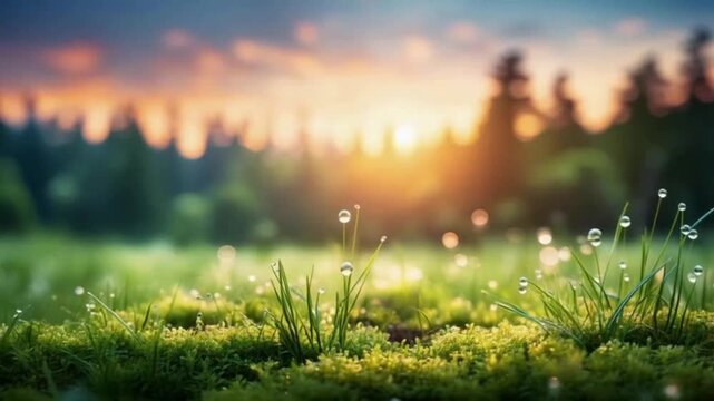 HD Sunrise Meadow with Dew Drops on Grass and Soft Forest Background Seamless Loop
