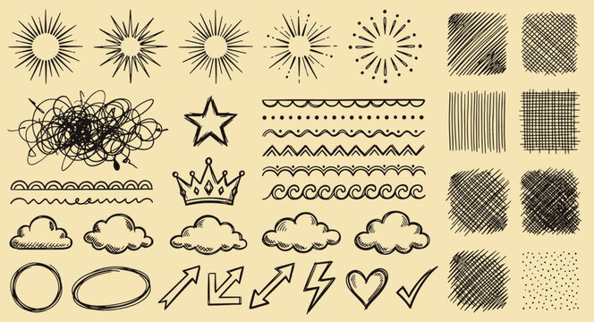 Hand drawn pencil sketch elements including sun star crown dividers clouds frames heart arrows crosshatch textures vector illustration