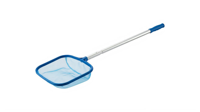 Blue swimming pool cleaning net with aluminum handle isolated on white background