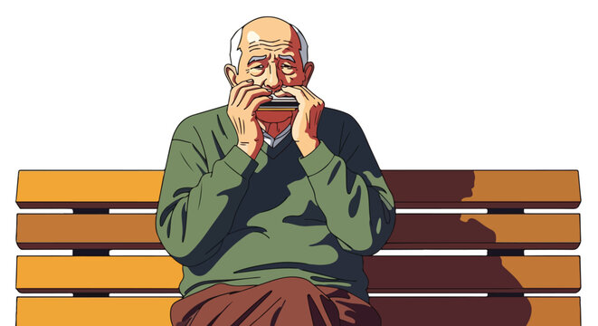 Elderly man plays harmonica on a park bench