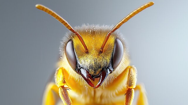 Honey bee head macro close up focusing on intricate facial features compound eyes and hairy antennae