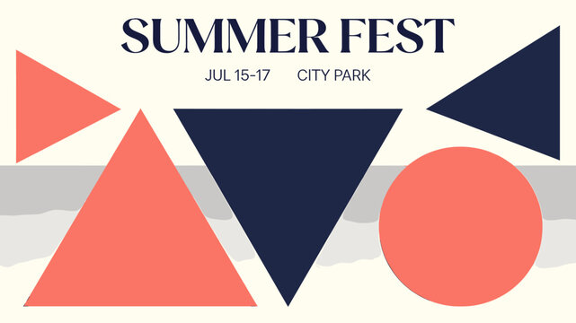A vibrant summer festival poster with abstract geometric shapes in coral and dark blue, announcing 'SUMMER FEST' on 'JUL 15-17' at 'CITY PARK'.