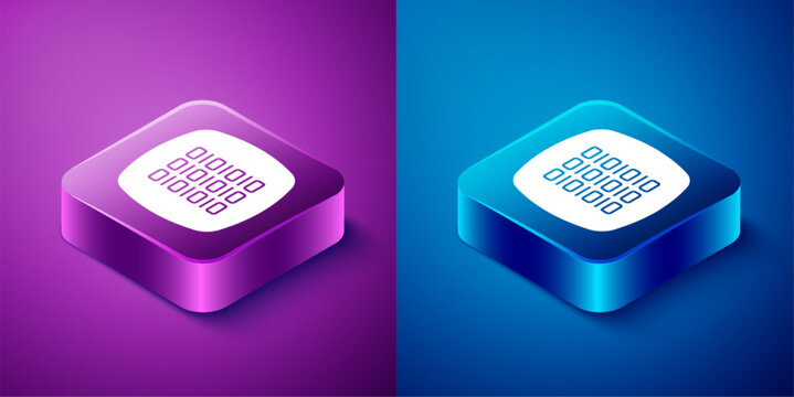 Isometric Binary code icon isolated on blue and purple background. Square button. Vector