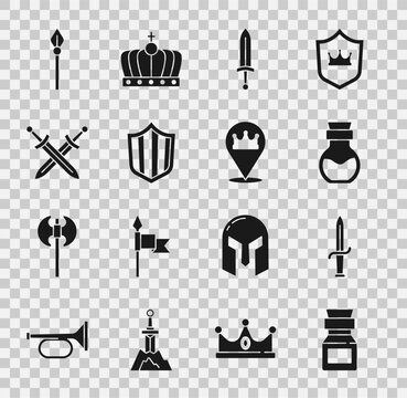 Set Poison in bottle, Dagger, Medieval sword, Shield, Crossed medieval, spear and Location king crown icon. Vector