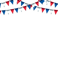 Obraz premium Patriotic red white and blue pennant bunting flags hanging decoration isolated; American festive celebration party banner vector illustration design element