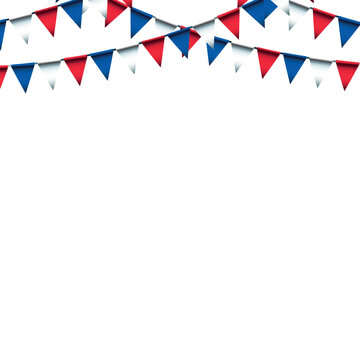 Patriotic red white and blue pennant bunting flags hanging decoration isolated; American festive celebration party banner vector illustration design element