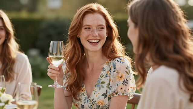 A happy young woman with red hair and freckles shares a joyful moment, toasting with white wine at an outdoor garden party. Her genuine smile highlights the fun and connection of this lif